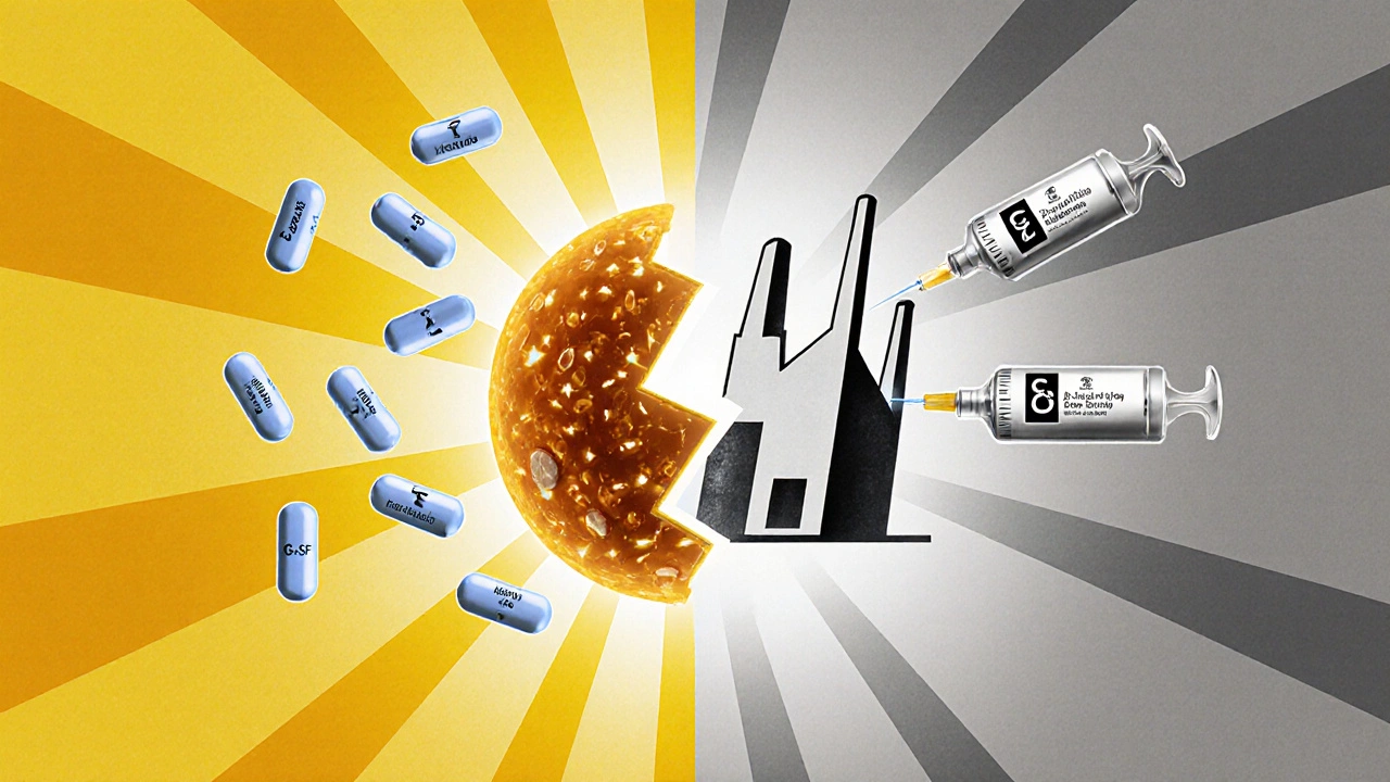 Cellula del midollo osseo frammentata circondata da farmaci protettivi e stimolanti in stile geometrico.