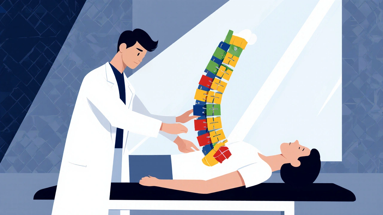 Chiropratico che esegue una manipolazione vertebrale su una paziente, in stile cartoon Bauhaus.