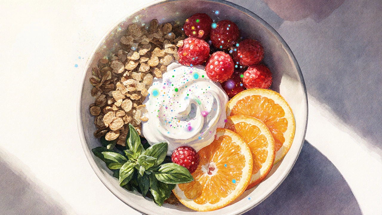 Ciotola colorata con frutta, verdura, cereali integrali e yogurt, con batteri lactobacilli stilizzati.