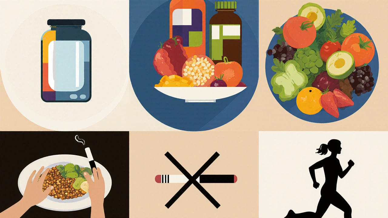 Collage di pillole, cibo sano, attività fisica e simbolo anti‑fumo per la cura dell'ulcera.