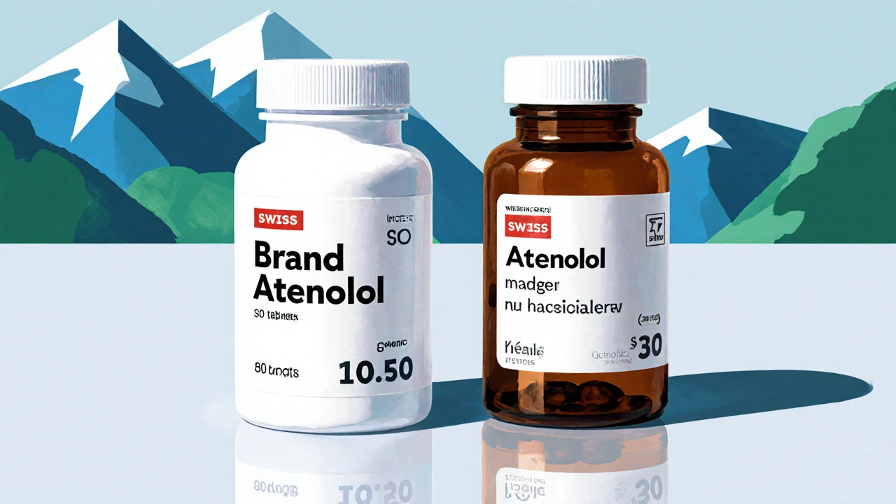 Confronto visivo tra confezione di atenololo di marca costosa e versione generica più economica, con sfondo alpino svizzero.