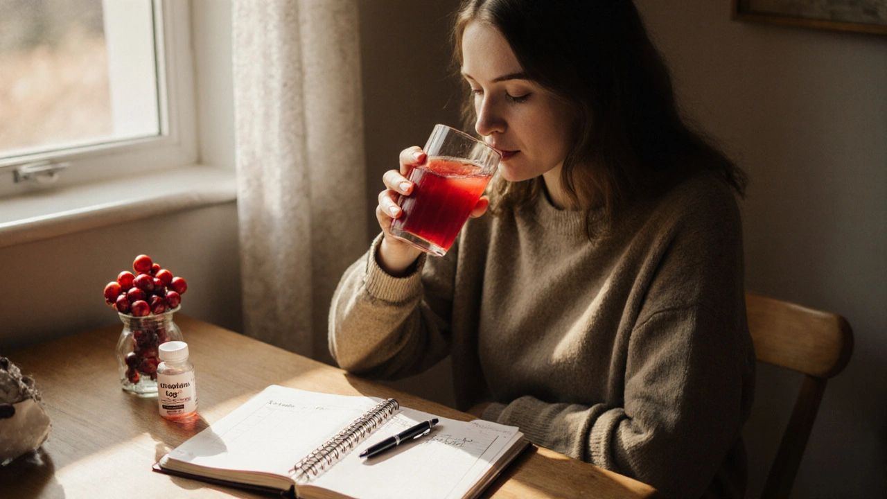 Donna al tavolo col succo di mirtillo, diario dei sintomi e pillole.