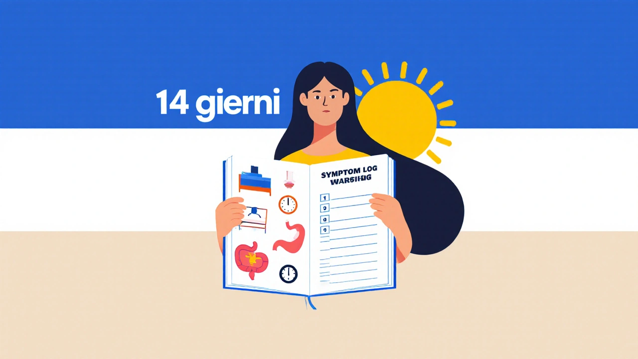 Donna che annota i sintomi quotidiani in un diario con icone geometriche e sole nascente.