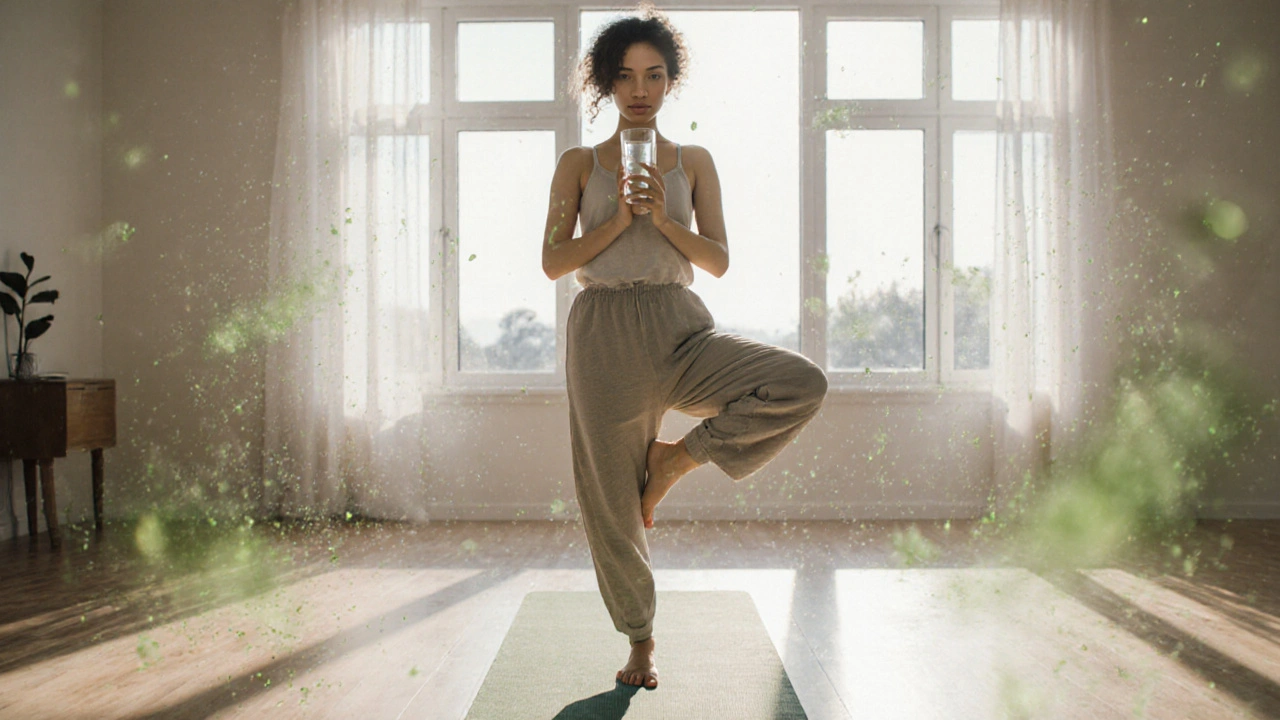 Donna in posa yoga, bevendo acqua, con accenni di molecole benefiche intorno.