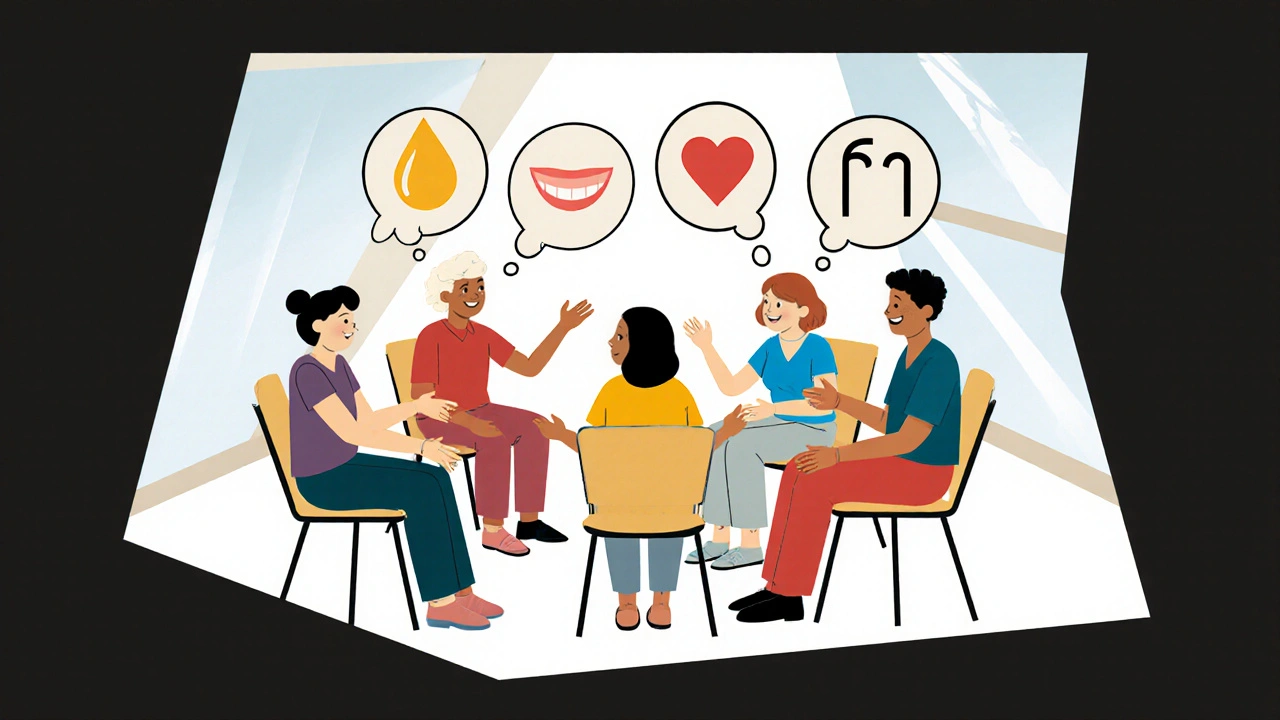 Gruppo di sostegno in cerchio, pazienti che condividono emozioni con simboli astratti.