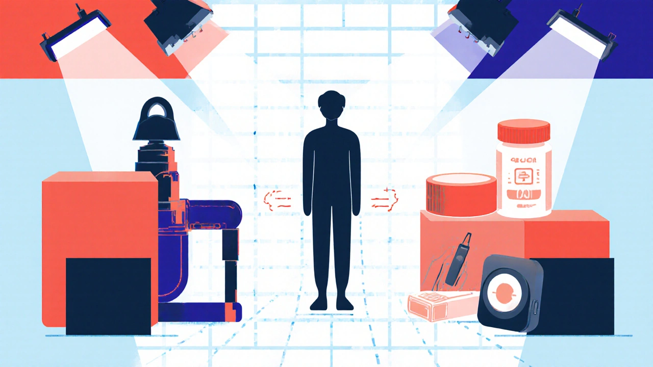 Illustrazione Bauhaus di pompa a vuoto, crema topica e dispositivo di stimolazione accanto a una figura umana.