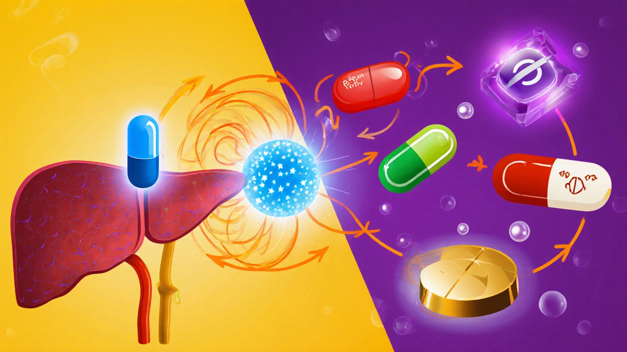 Illustrazione della cellula epatica attivata da gemfibrozil con altri farmaci in evidenza.