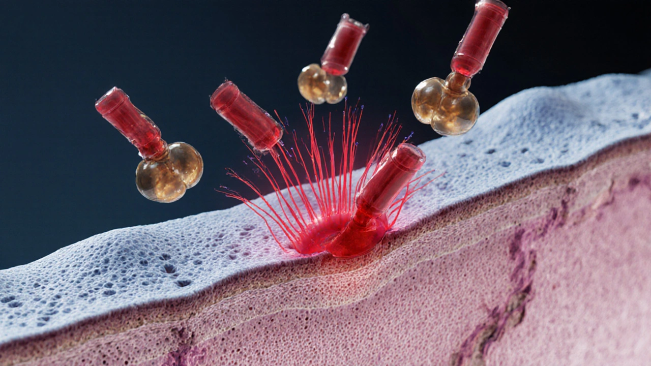 Illustrazione di batteri E. coli bloccati da PAC nella parete della vescica.