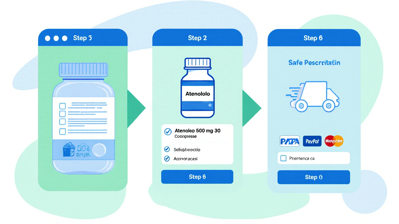 Illustrazione digitale di una checklist di acquisto online di atenololo, con icone di prescrizione, pagamento e spedizione.