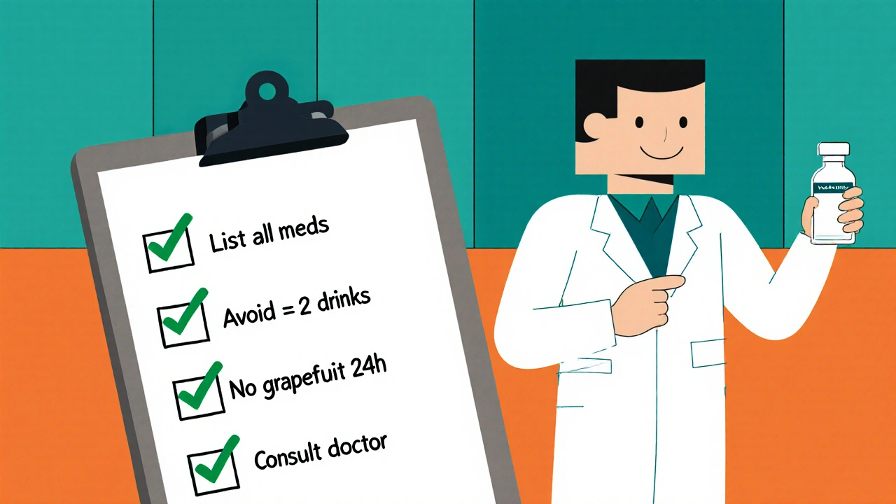 Lista di controllo su blocco appunti con spunte per evitare interazioni, medico che consiglia, stile Bauhaus.