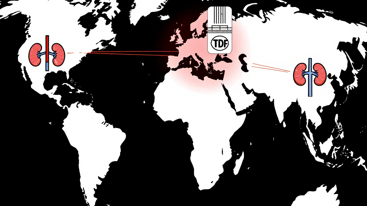 Mappa globale con collegamenti verso pillole TDF in paesi a basso reddito, in stile Bauhaus con toni monocromi e tocchi rossi.