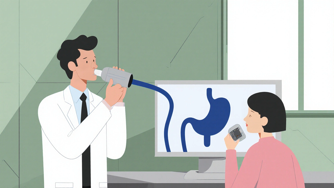 Medico che esegue test del respiro e endoscopia in una stanza clinica stilizzata.