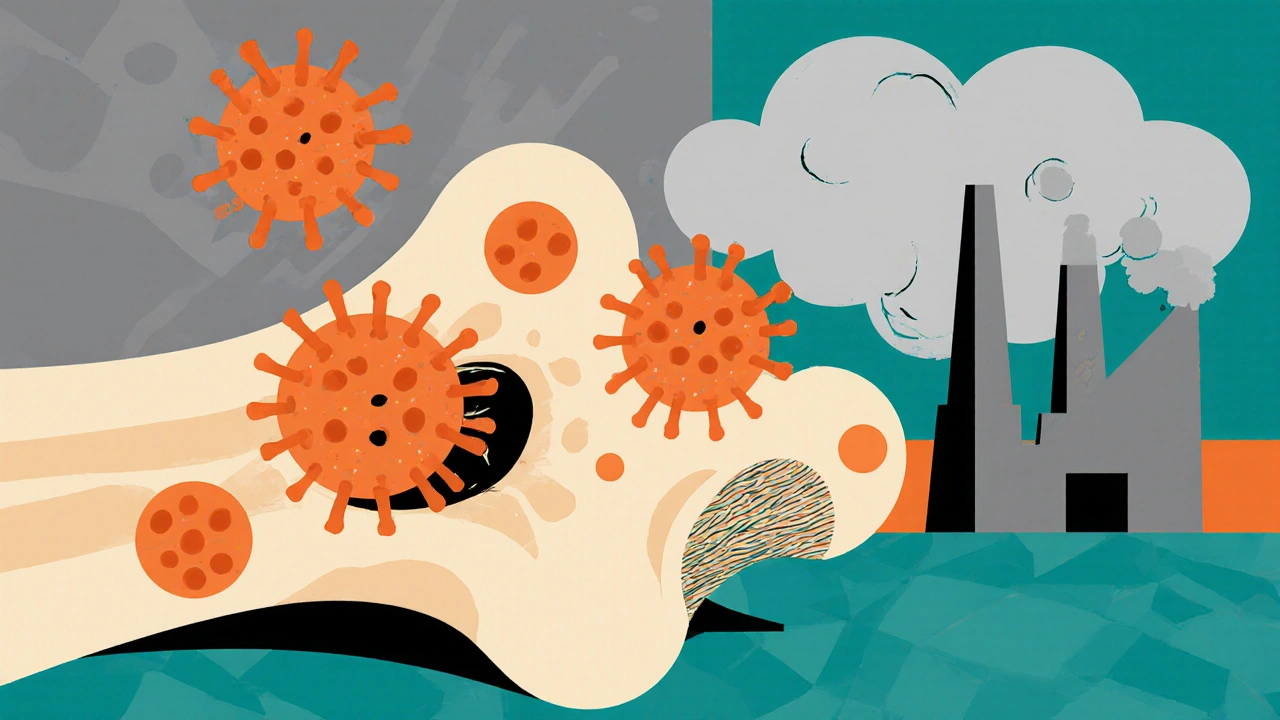Osteoclasti animati attivati da virus e polvere di silice su sfondo industriale stilizzato.