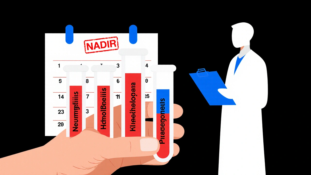 Paziente con esame del sangue che mostra valori critici bassi, con calendario che segna il giorno del nadir.