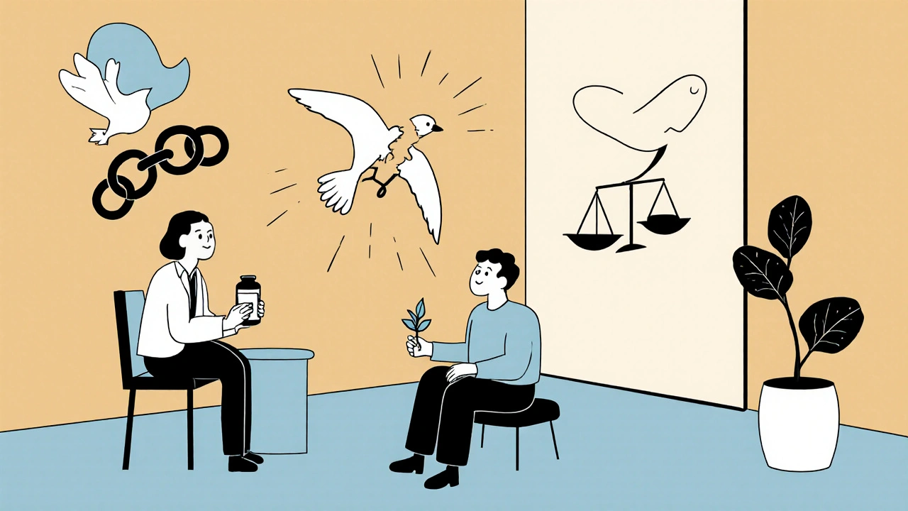 Paziente con pillola e piantina, accompagnato da psicologo, simboli di liberazione nell&#039;aria.