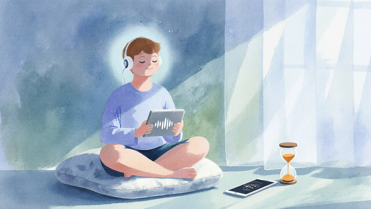 Persona pratica mindfulness con cuffie e timer, pronta per una conversazione.