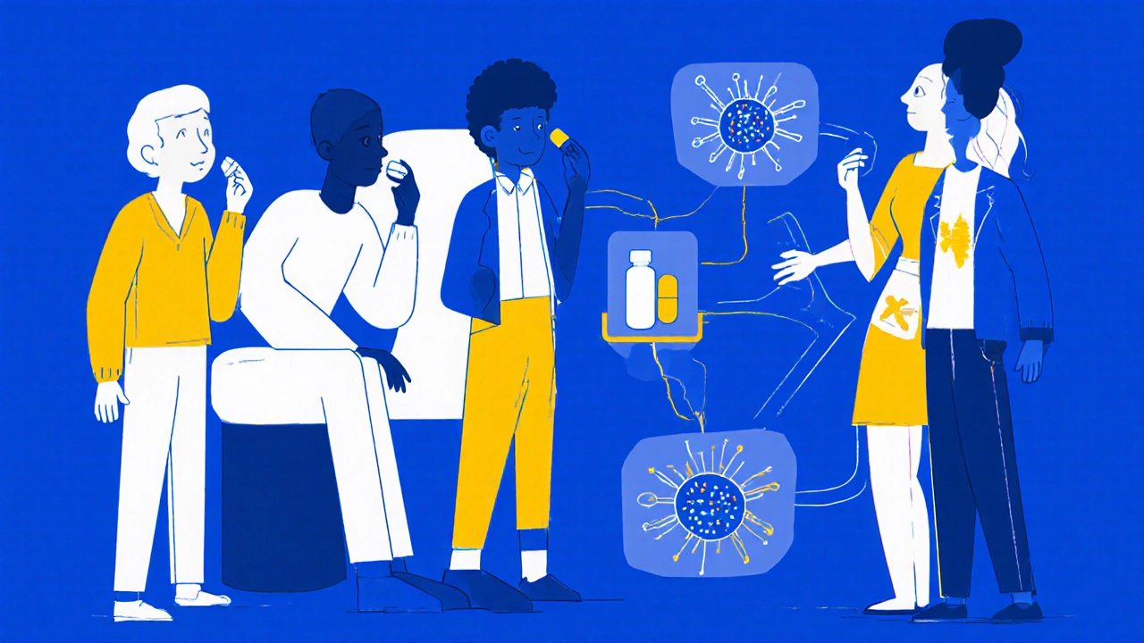 Persone di diverse etnie che assumono una pillola di TDF, con rappresentazione geometrica del farmaco nel flusso sanguigno.