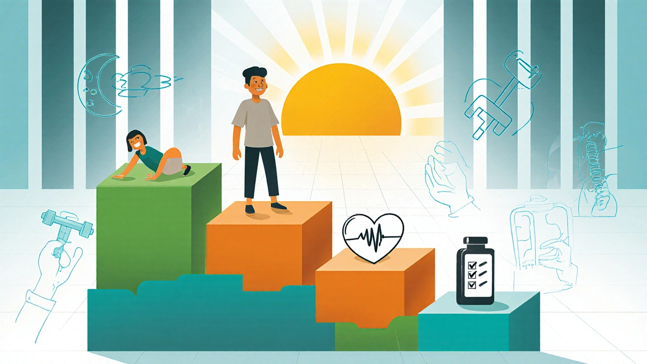 Piano di trattamento integrato con esercizi, sonno migliorato e monitoraggio, in stile Bauhaus.