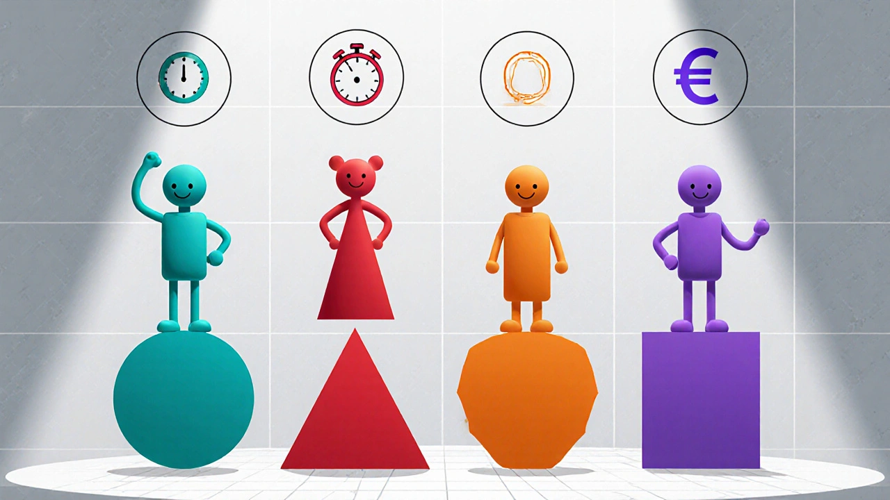 Quattro figure in stile Bauhaus rappresentano Levitra Jelly, Viagra, Cialis e Stendra con simboli di tempo e prezzo.