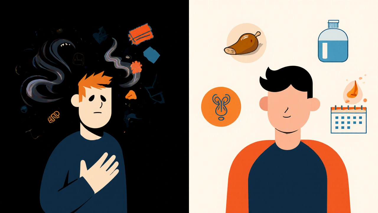 Scena divisa: ansia distorta a sinistra, consapevolezza calma a destra, stile Bauhaus.