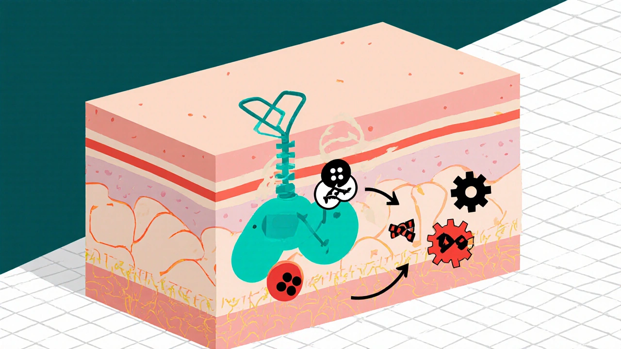 Sezione della pelle che mostra il mometasone legato ai recettori glucocorticoidi e la riduzione delle citochine.
