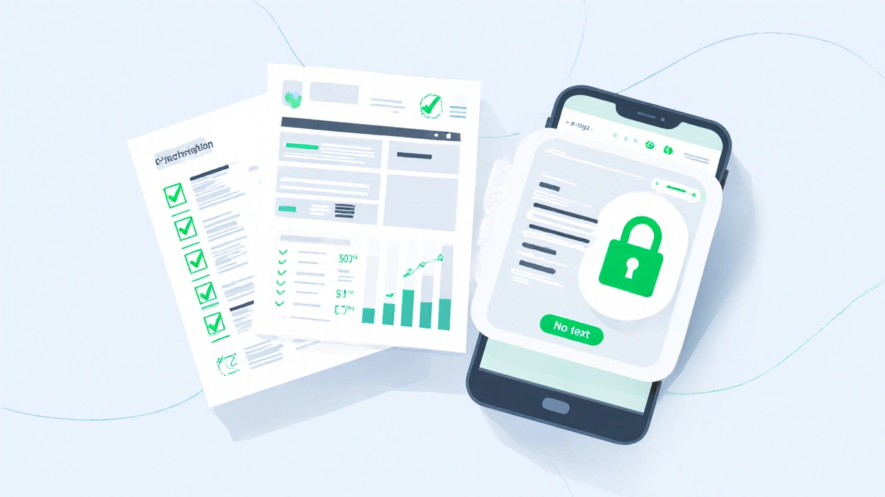 Smartphone con sito di farmacia sicuro, prescrizione PDF e checklist di verifica.