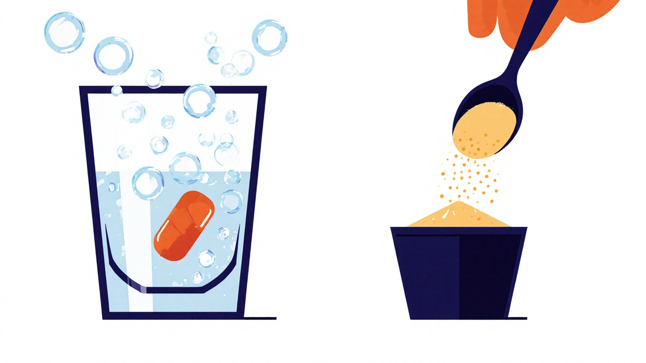 Tavola con effervescente che bolle in acqua, compressa a rilascio prolungato e polvere versata in shaker.