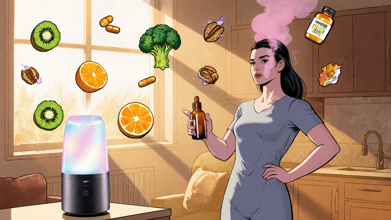 Umidificatore con vapore e frutta, integratori e verdure per rinforzare l’immunità.