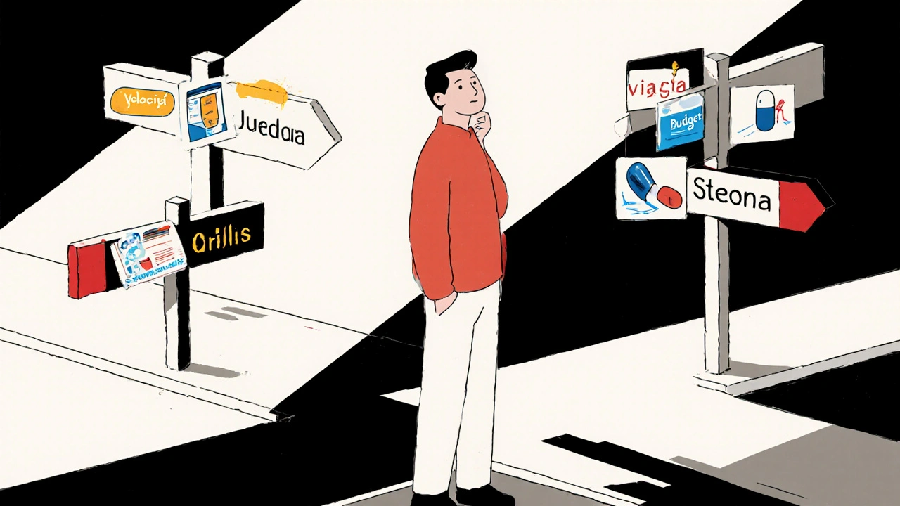 Uomo davanti a cartelli che indicano velocità, durata, budget e tolleranza, scegliendo tra gel e compresse.