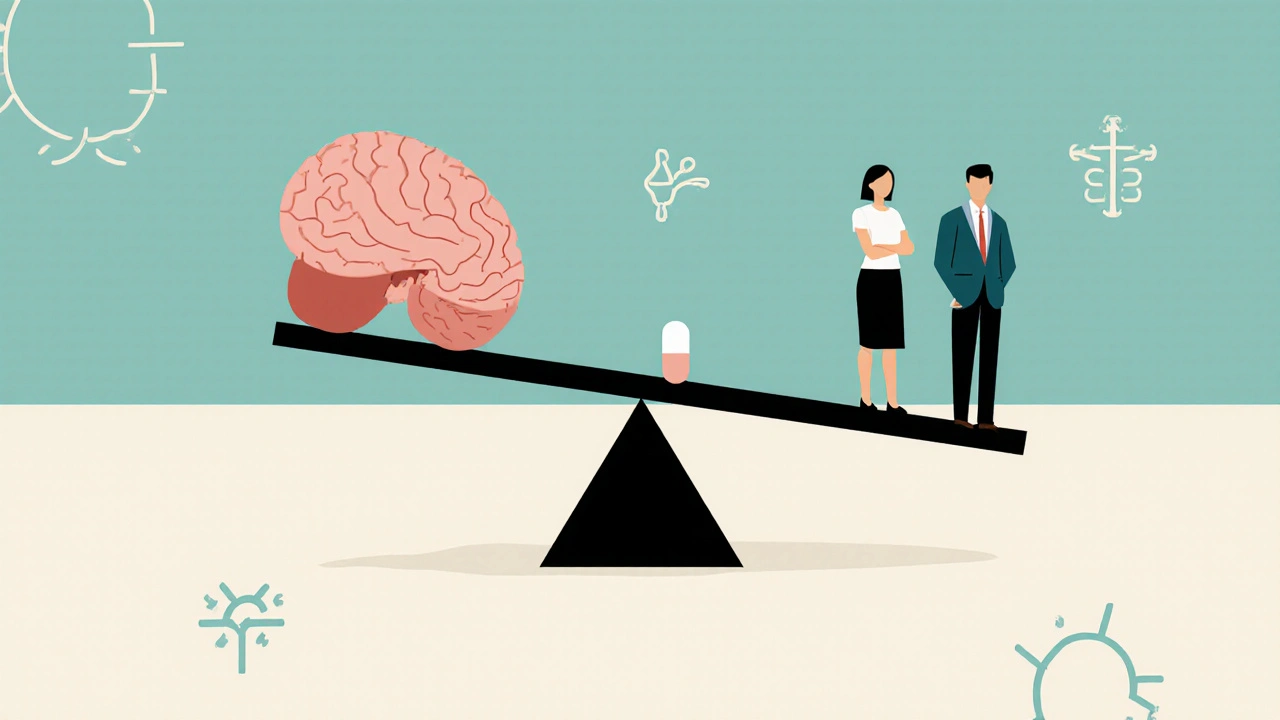 Bilancia che equilibra un tumore e una compressa di Dostinex con figure umane stilizzate