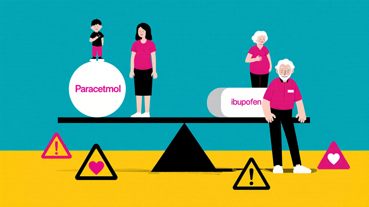 Bilancia con compresse geometriche, bambino e persona anziana, stile Bauhaus, colori primari.