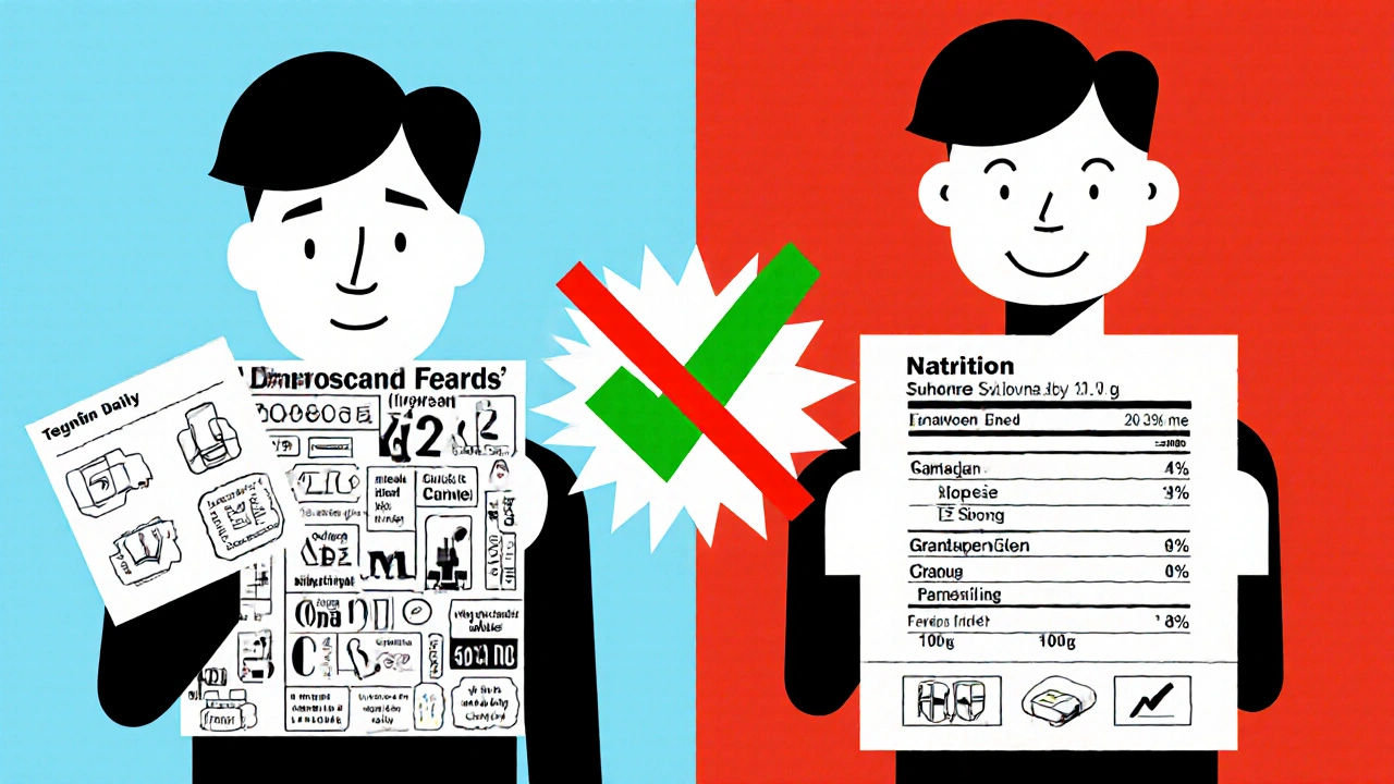 Confronto tra etichetta obsoleta e moderna in stile Bauhaus, con segnali di errore e correzione visivi.