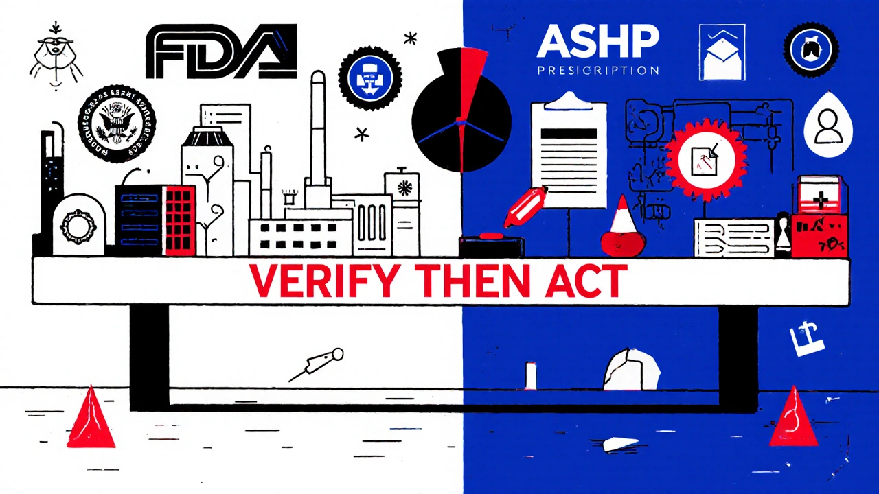 Confronto tra FDA e ASHP in stile Bauhaus: dati vs azioni cliniche.