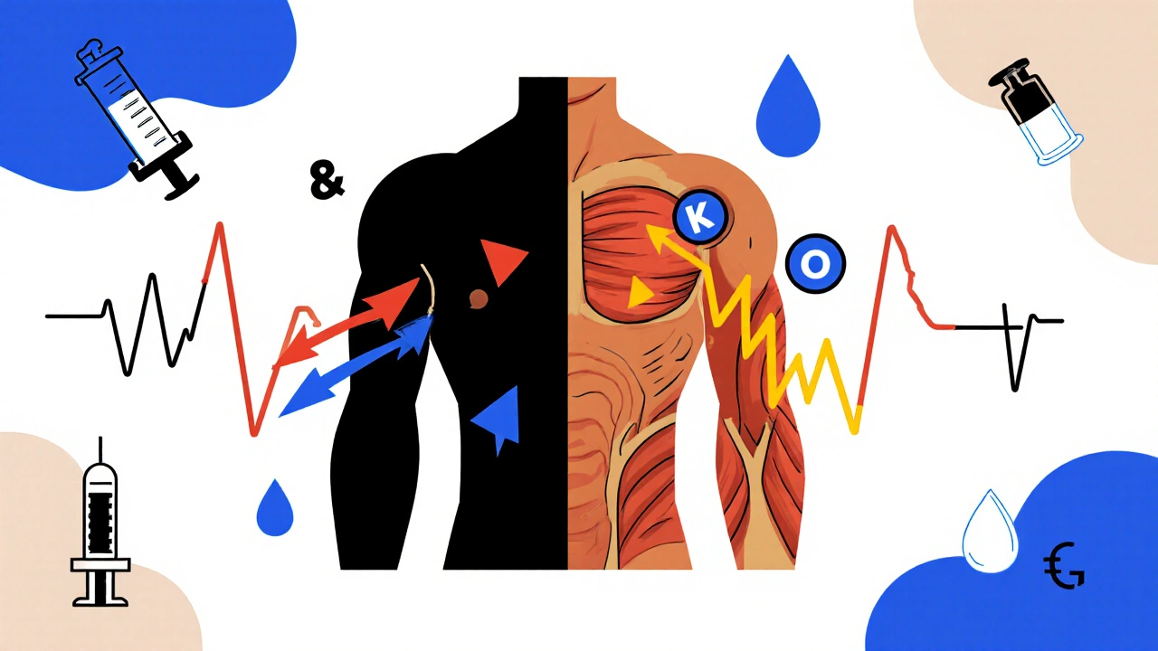Diagramma split del muscolo sano e dolente con icone di elettroliti e flussi simbolici in stile Bauhaus.