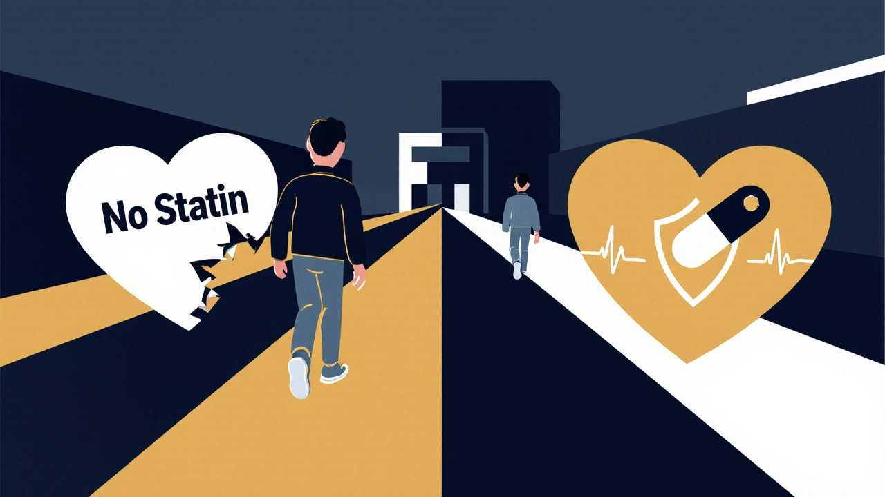 Due percorsi: uno verso un cuore che crolla, l&#039;altro verso un cuore sano con statina a bassa dose, in stile Bauhaus.