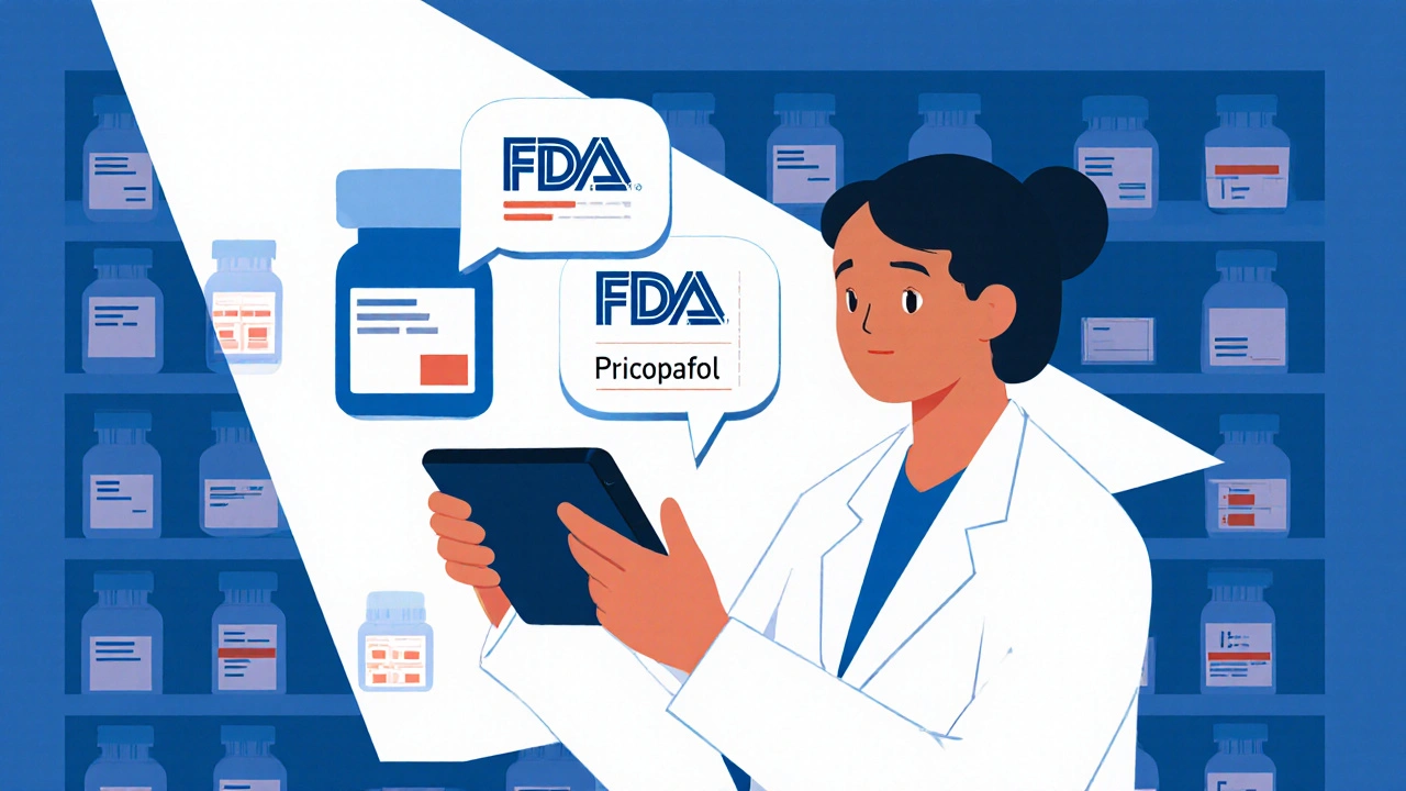 Farmacista che controlla un&#039;app FDA con notifiche di carenza in stile Bauhaus.