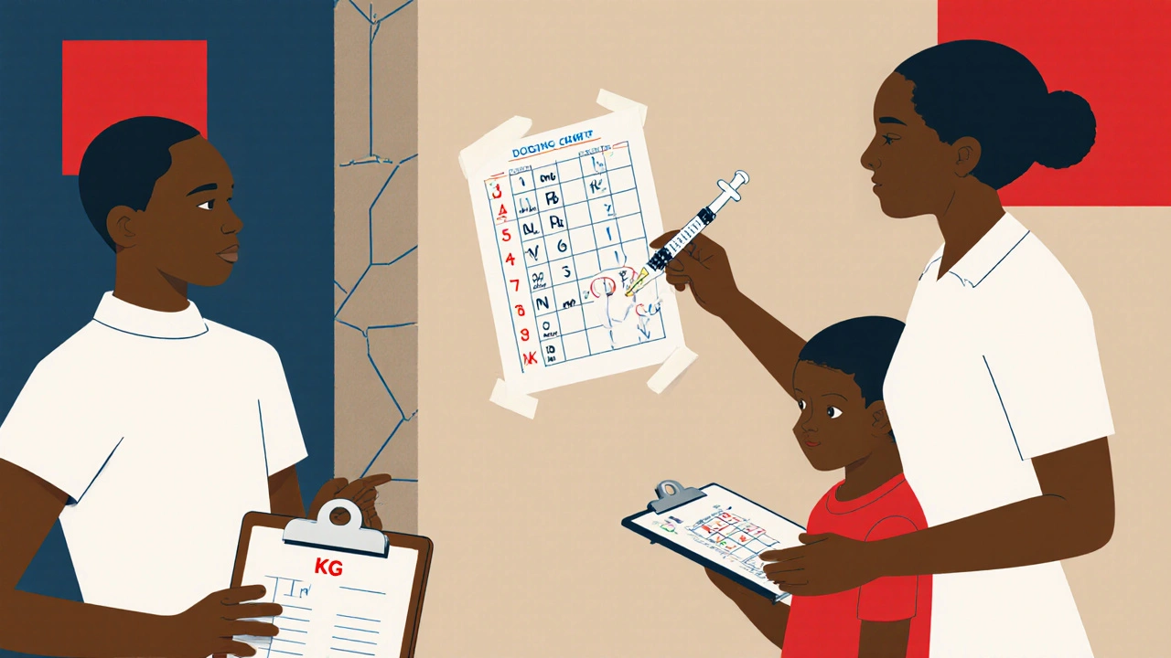 Farmacista in una clinica rurale che usa una tabella stampata per calcolare la dose in mL, con doppio controllo da un collega.