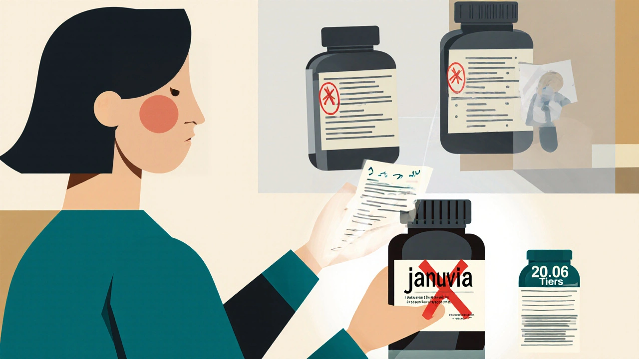 Farmacista rifiuta una prescrizione mentre sovrimpressioni mostrano tre piani assicurativi diversi.