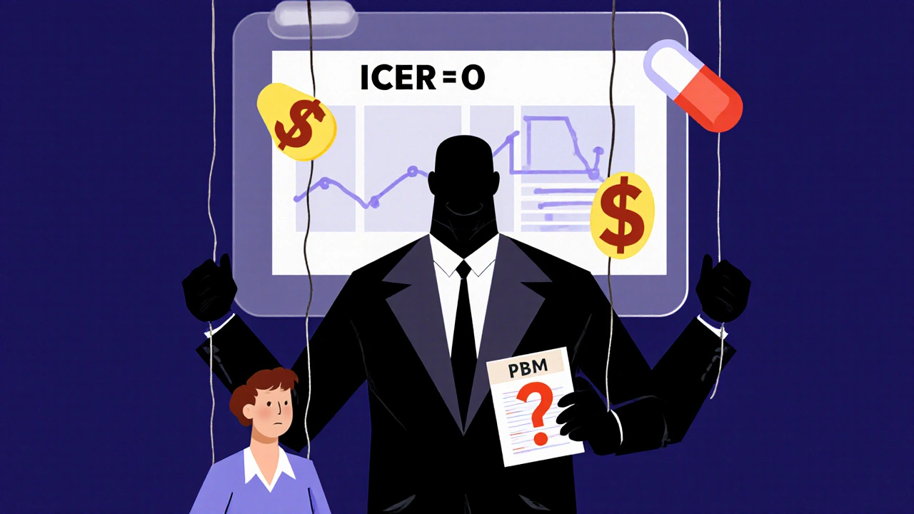 Figura ombrosa di un PBM che controlla pillole di prezzi diversi, mentre un paziente guarda incerto.