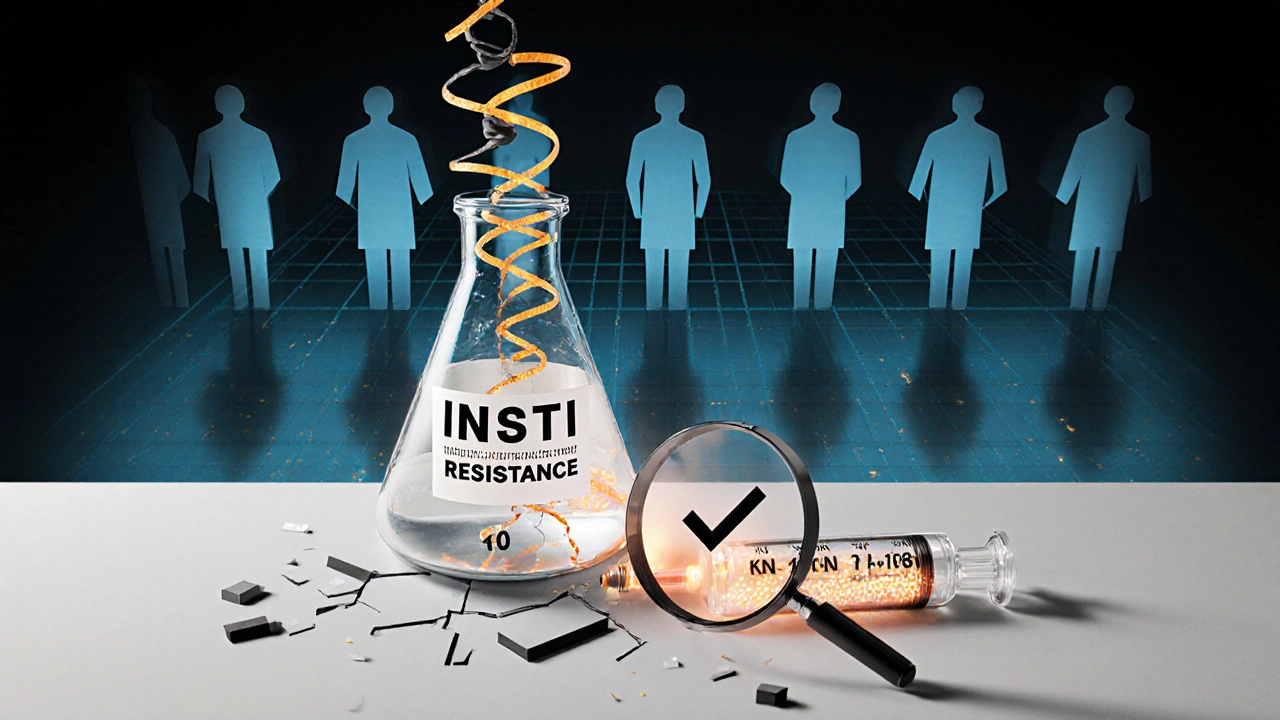 Flacone rotto con mutazioni virali e una siringa sperimentale in primo piano, stile Bauhaus geometrico.