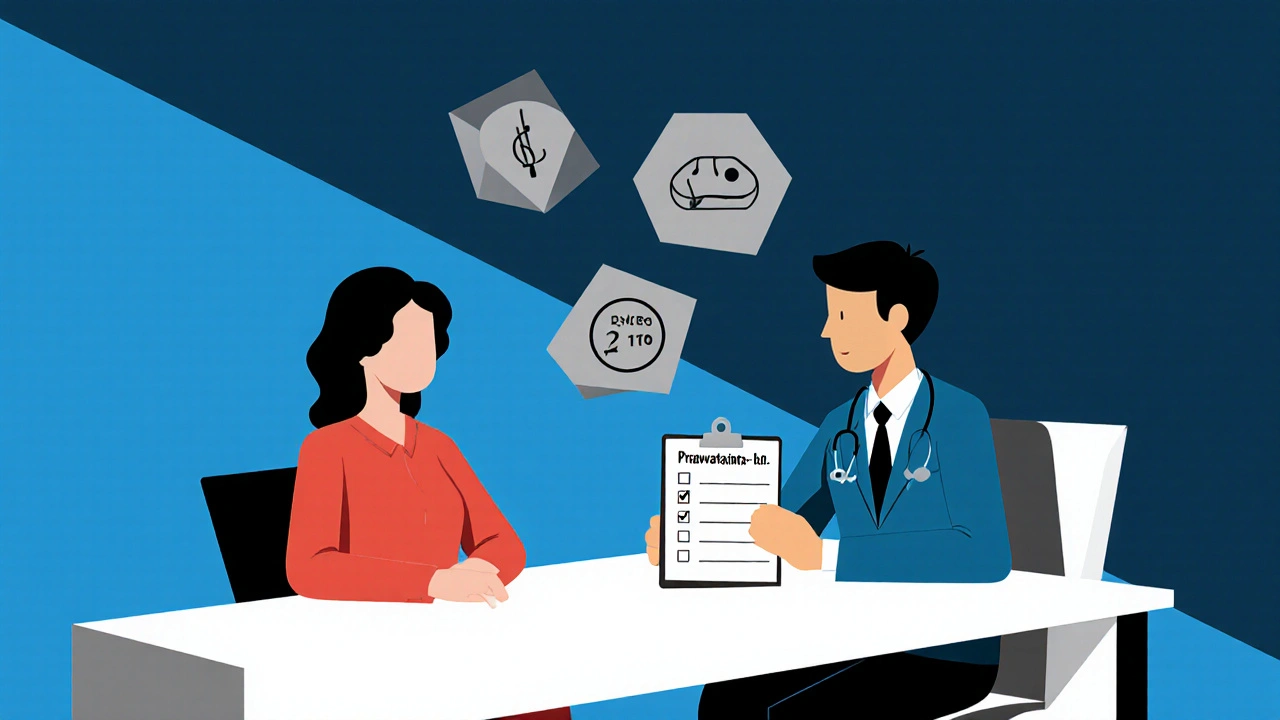 Medico e paziente al tavolo con questionario SAMS-CI e simboli geometrici di alternative terapeutiche in stile Bauhaus.