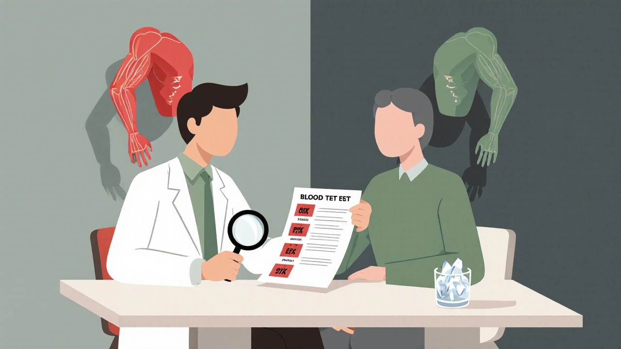 Medico e paziente esaminano un esame del sangue con magnesio e acqua sul tavolo, in stile Bauhaus minimalista.