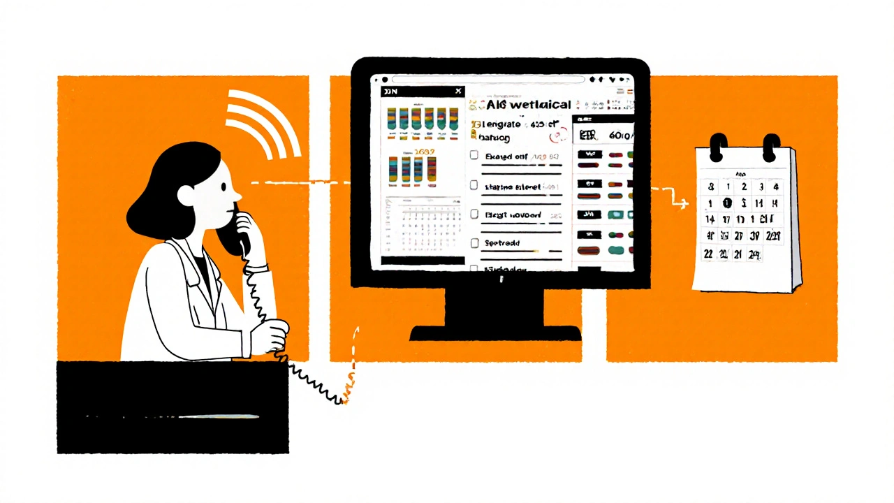 Parete con tre pannelli che mostrano chiamata, software medico e aggiornamenti trimestrali dei farmaci.