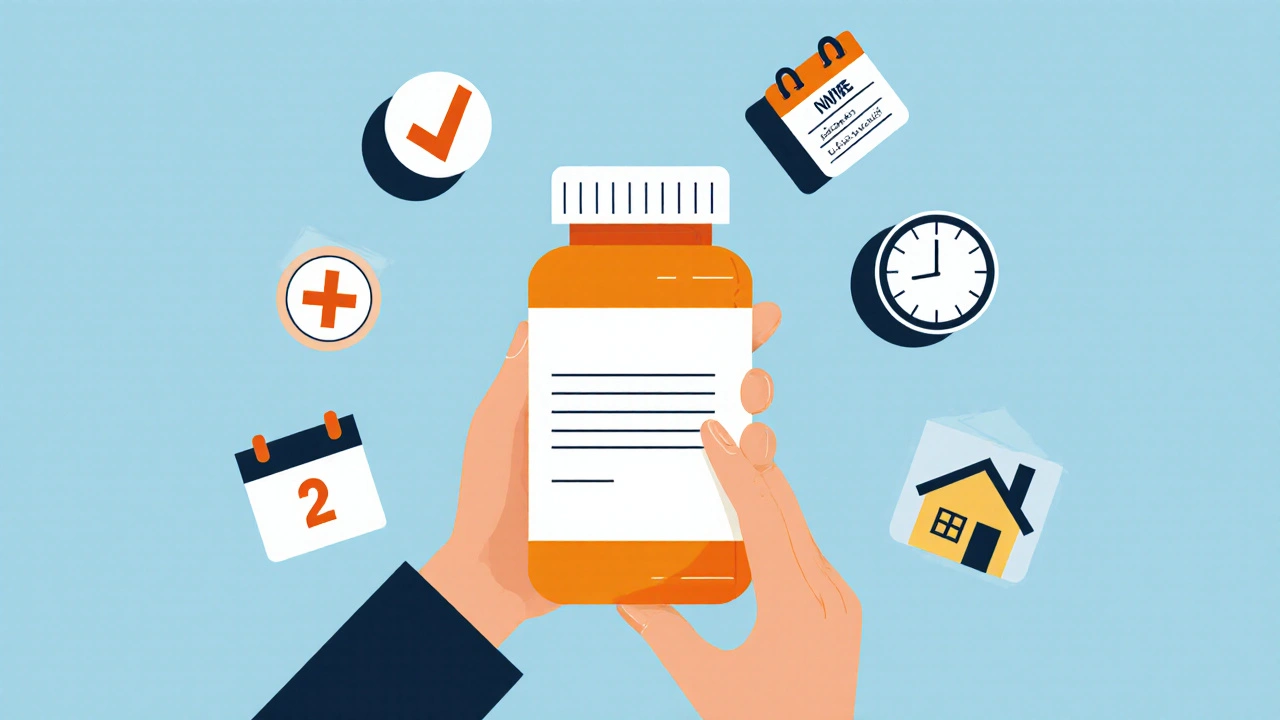 Paziente con flacone e icone geometriche che rappresentano gli elementi chiave dell&#039;etichetta del farmaco.