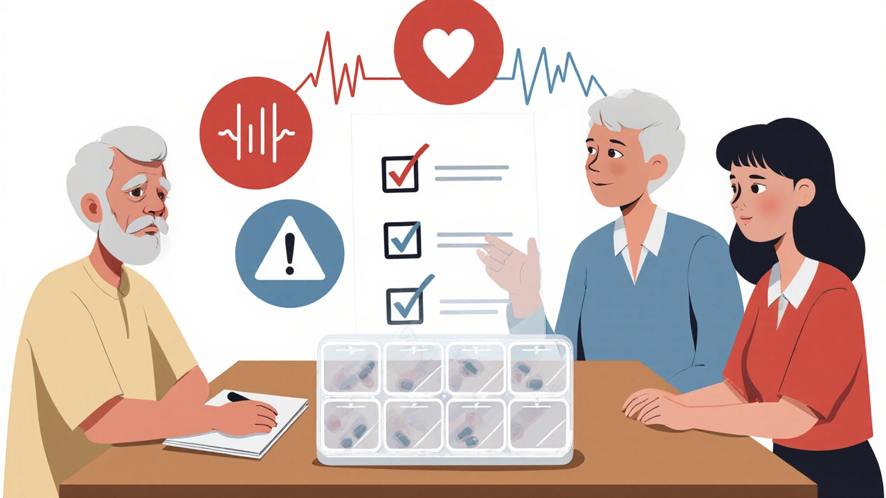 Persona anziana e caregiver che controllano una lista di farmaci con un organizzatore visibile.