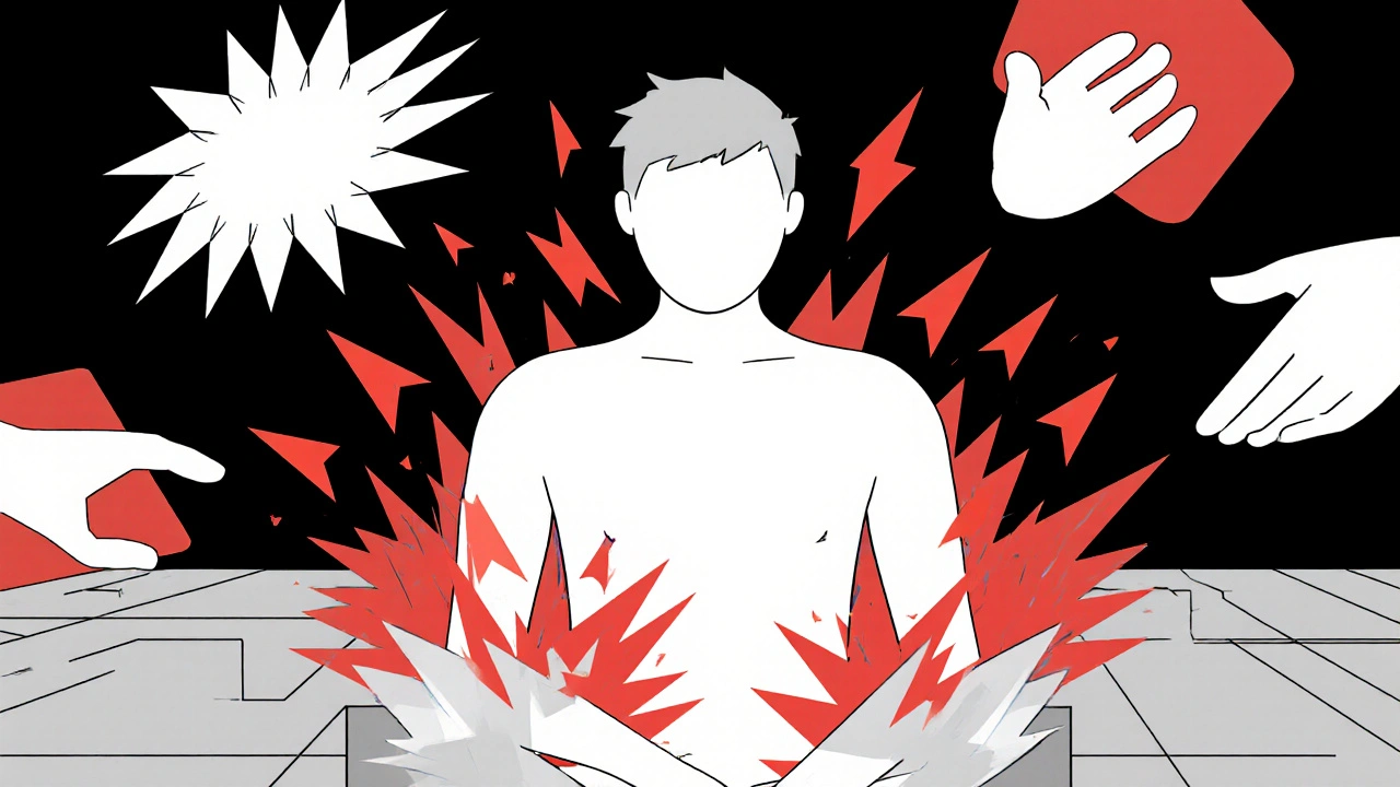 Persona circondata da stimoli che diventano segnali di dolore, in un design geometrico e minimalista.