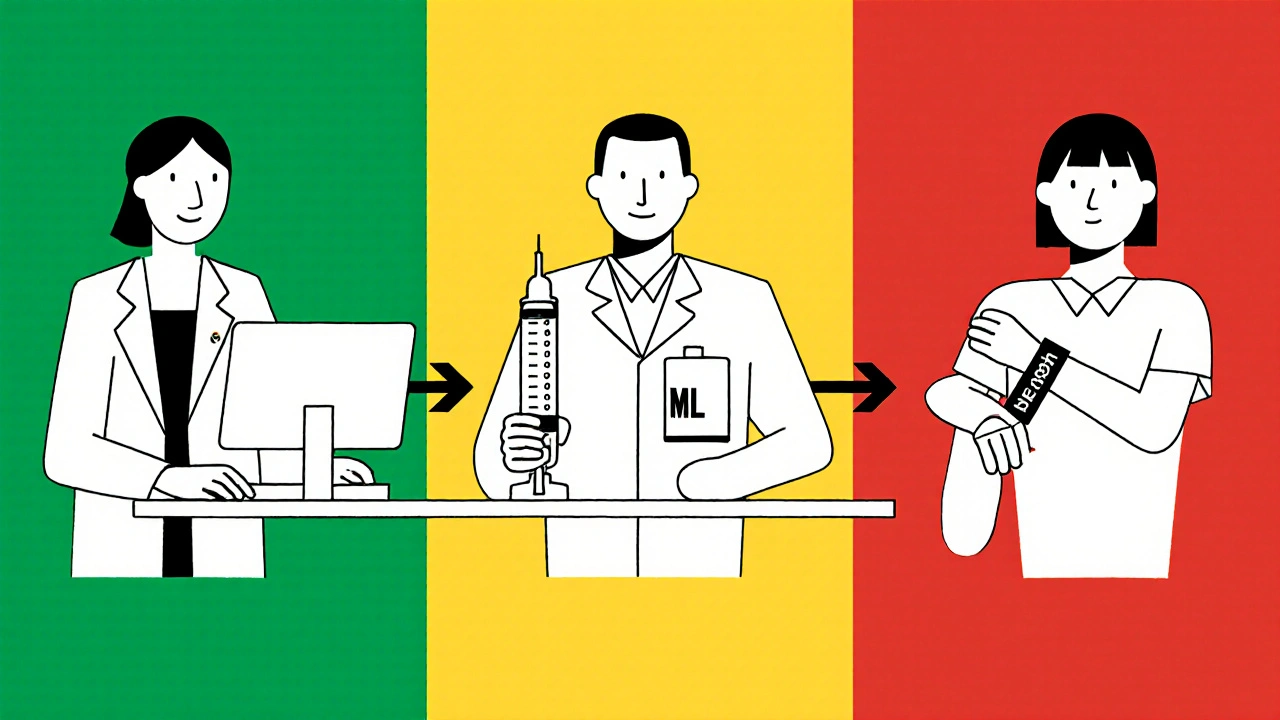 Processo di verifica a tre livelli per la somministrazione sicura di farmaci pediatrici: medico, farmacista e infermiere in azione.