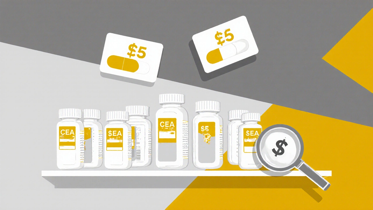 Scaffale di pillole generiche con etichette di prezzo molto diverse, analizzate da una lente di ingrandimento.