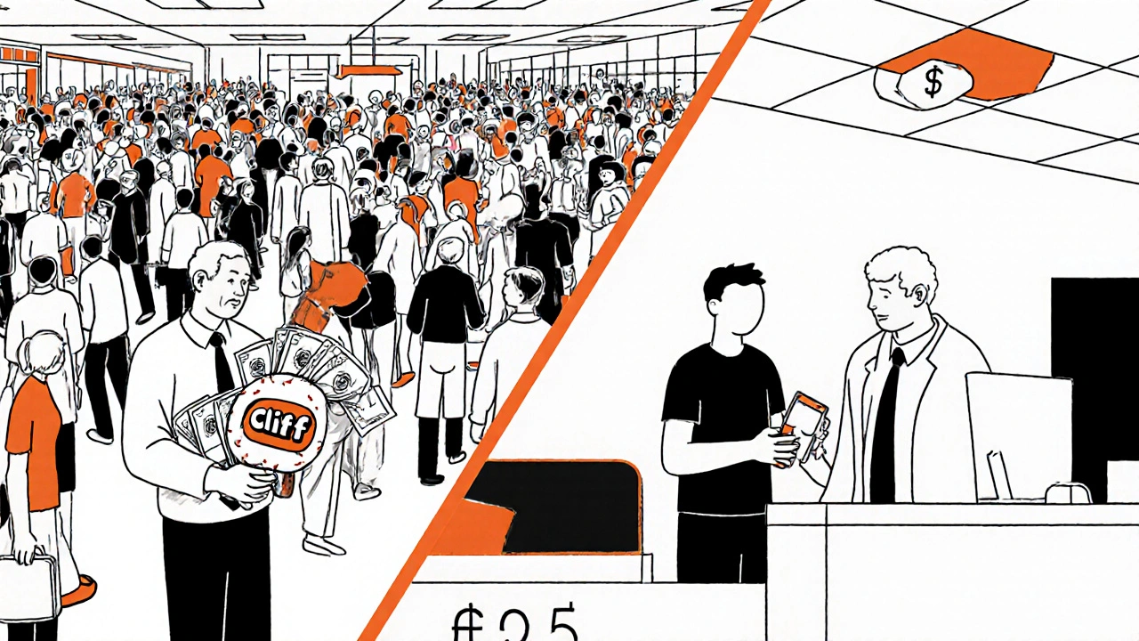 Scena divisa: caos del 2024 a sinistra, calma del 2025 a destra, collegati da una freccia geometrica.