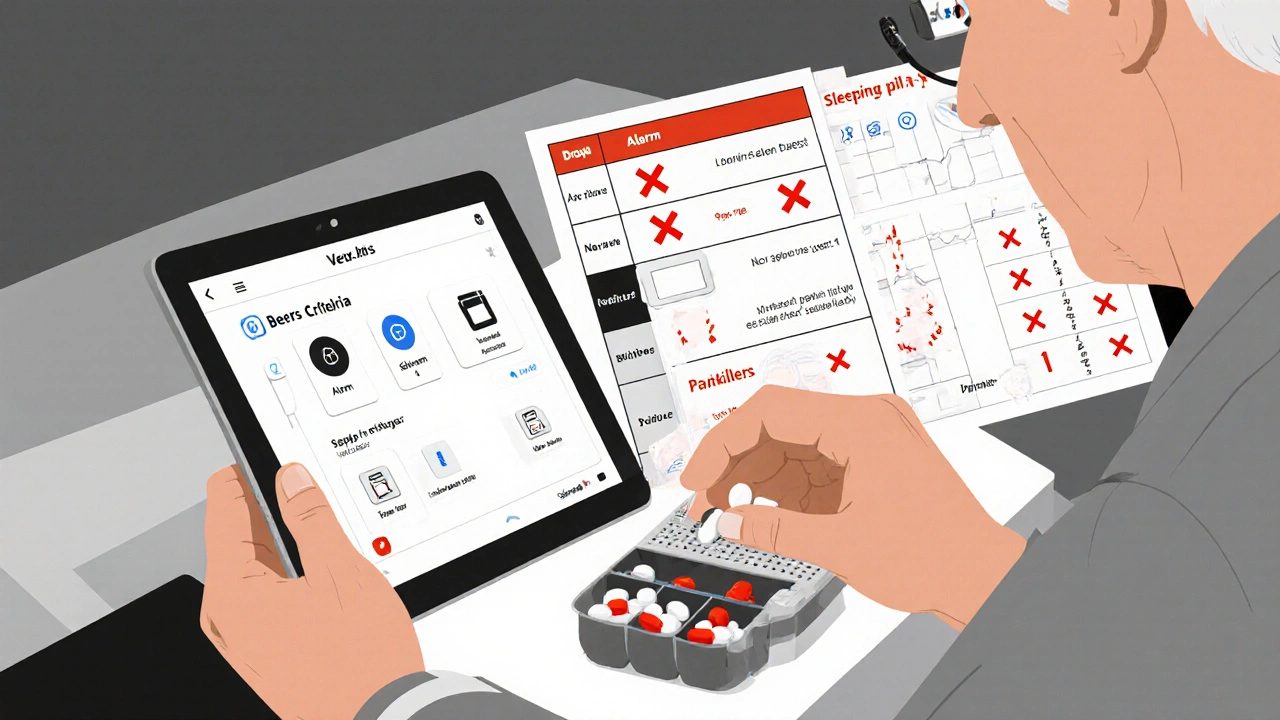 Schermo di app per farmaci sopra mani che preparano pillole, con simboli di rischio in sfondo.